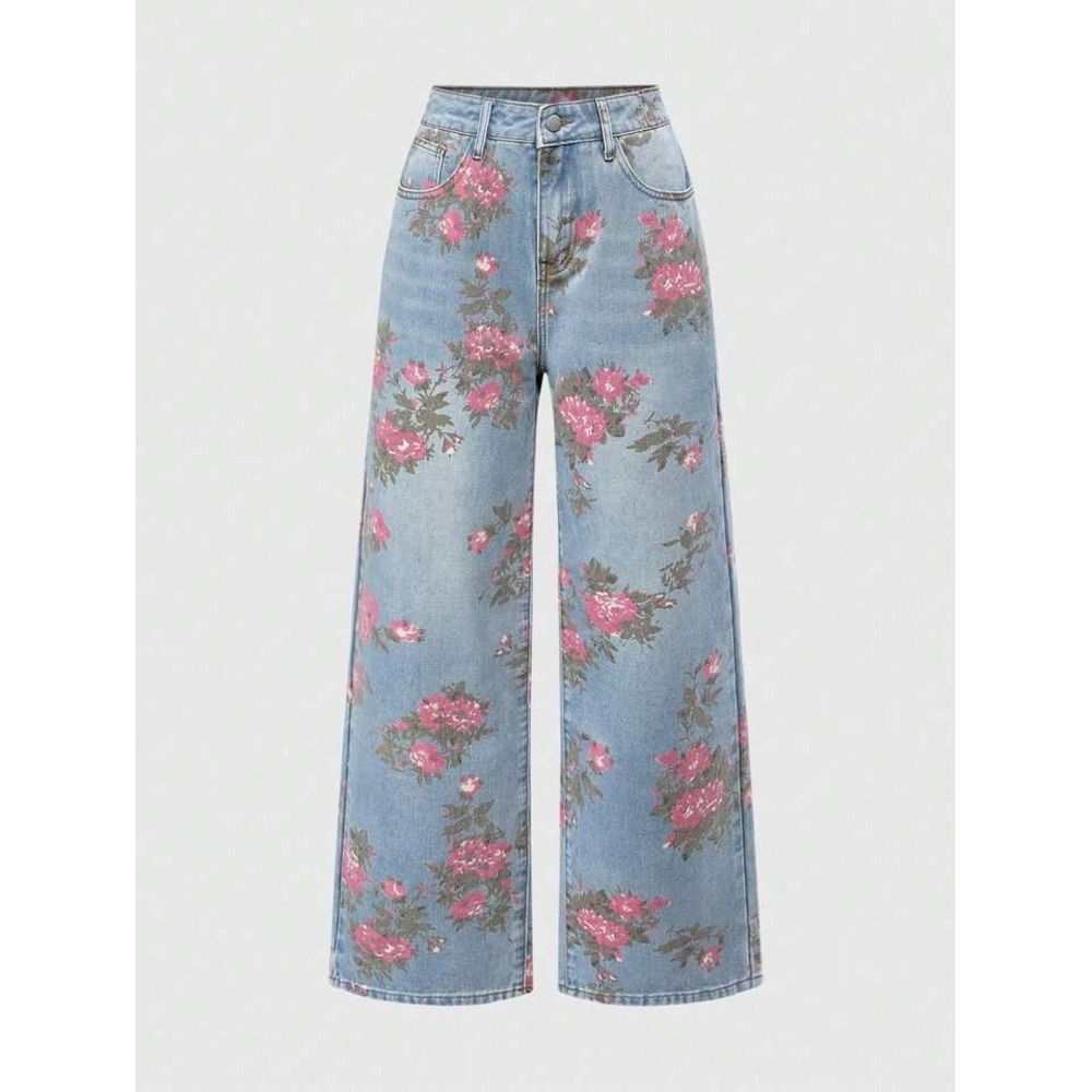 Fairycore Vintage Floral Print Washed Loose Wide-Leg Denim Jeans L Cottagecore